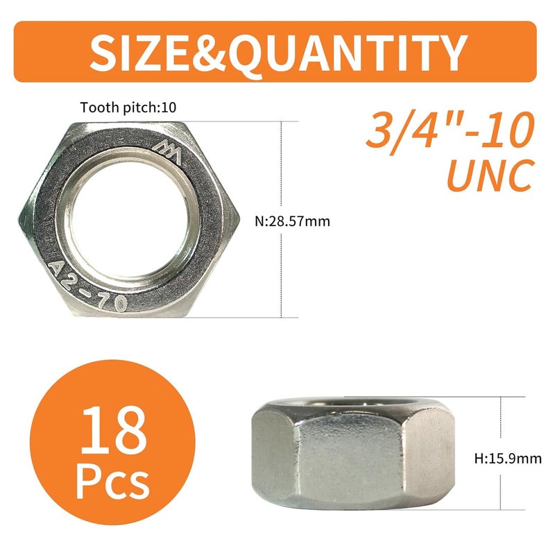 HXCOMET Store 3/4"-10 Hex Nuts (18pcs), 304 Stainless Steel (18-8), Hardware, UNC, Coarse Thread - Image 2